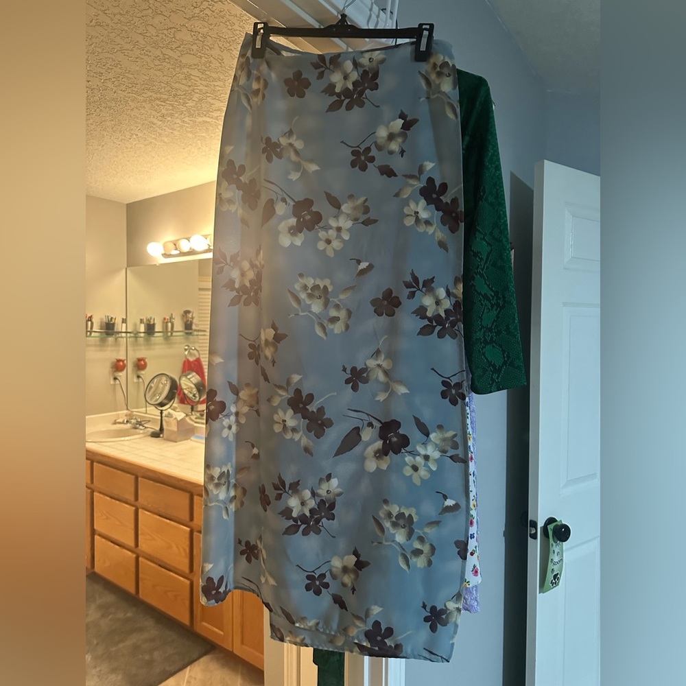 Flowered blue and brown maxi wrap skirt